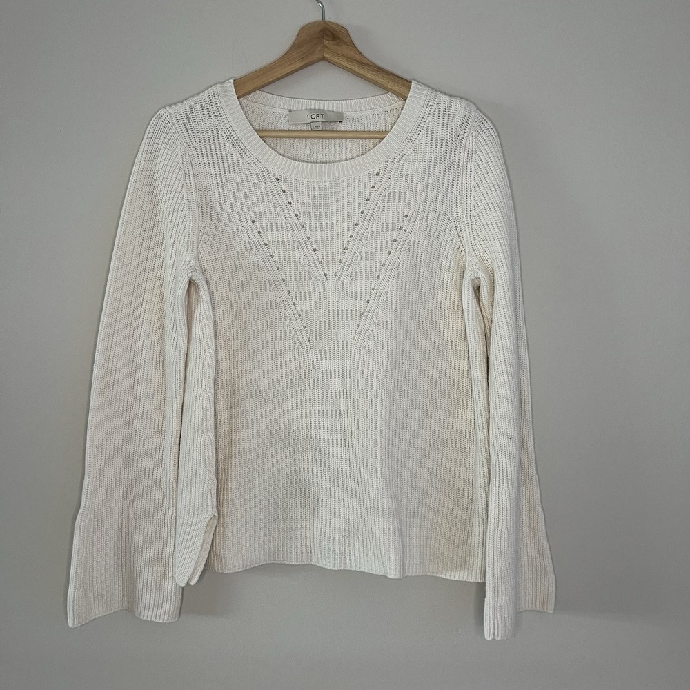 Ann Taylor LOFT Pullover Sweater Womens Sz S Wool Blend White Bell Sleeve Solid